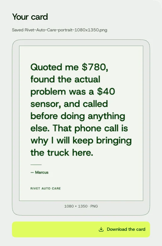 The tool's actual card preview and Download the card button, displaying the fictional auto repair review without a star rating.