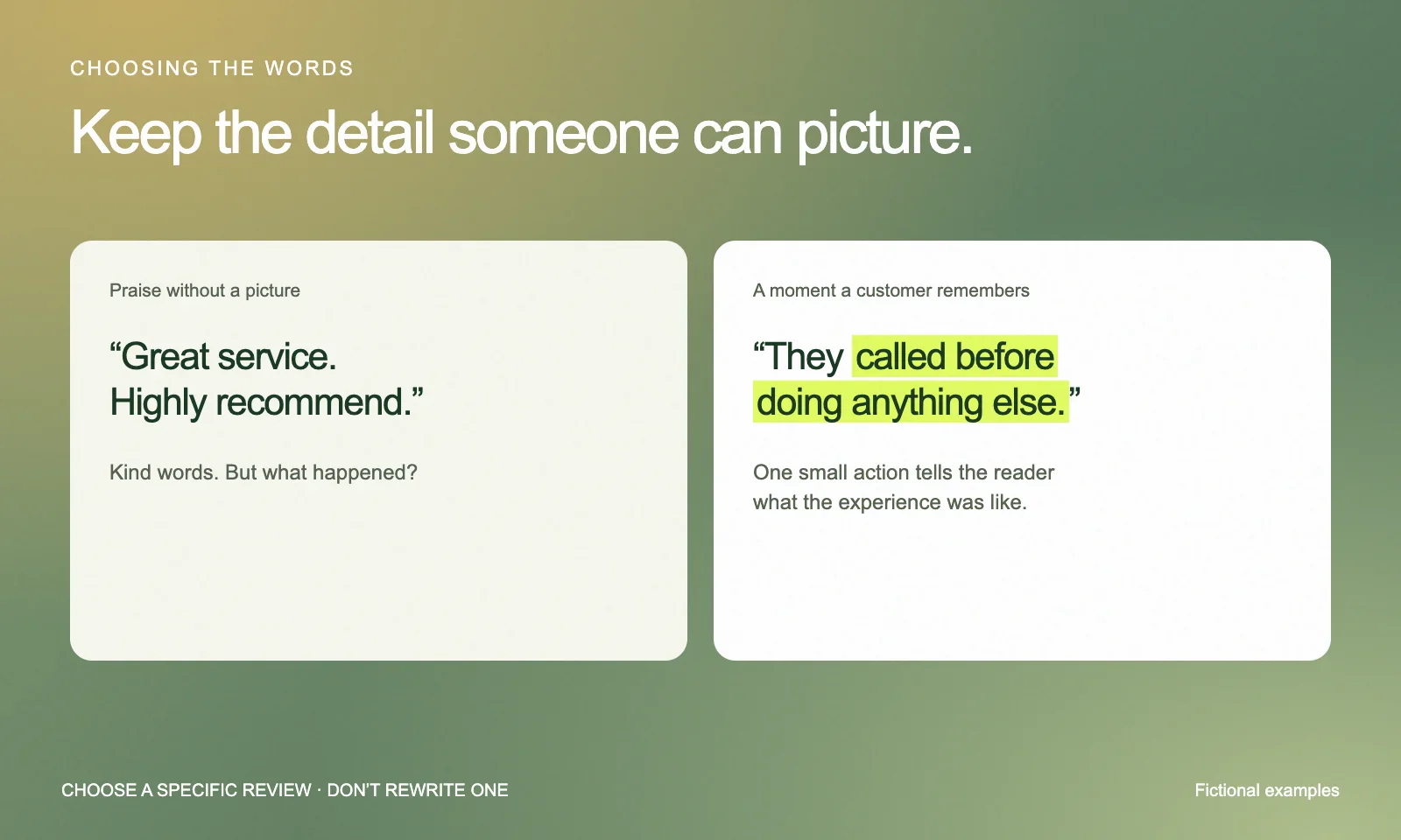 Two fictional review examples: ‘Great service. Highly recommend.’ beside ‘They called before doing anything else’, with the specific action highlighted.