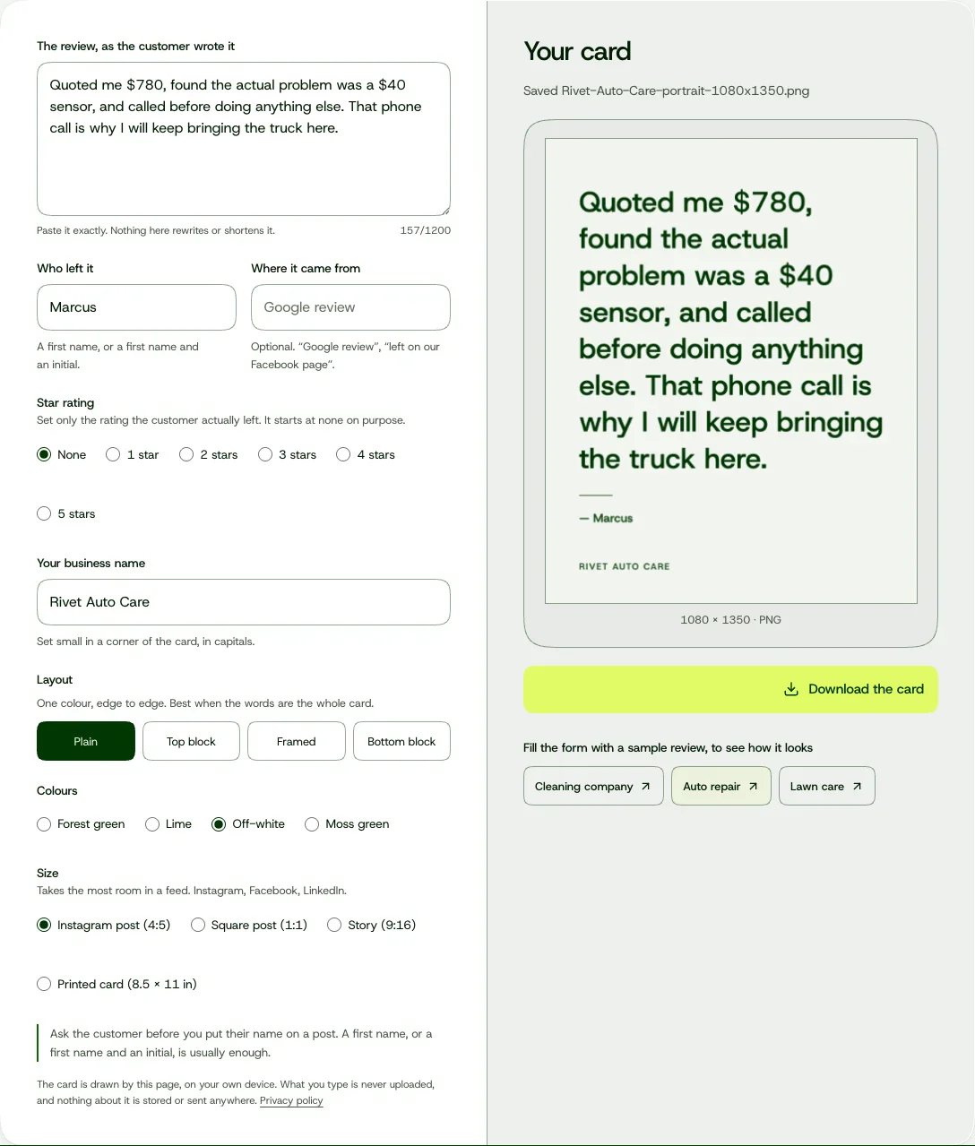 The actual testimonial graphic maker, filled with its fictional Auto repair sample, showing the review fields, layout choices and live card preview.